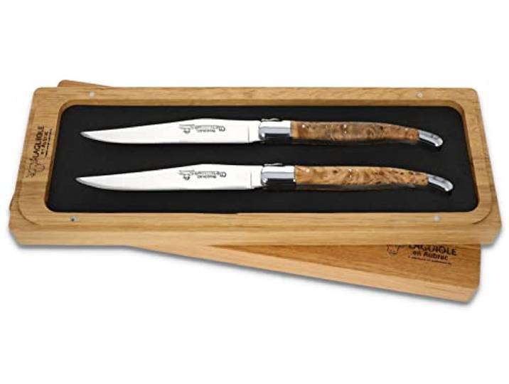 Laguiole en Aubrac - 2er Set Laguiole Steakmesser aus Frankreich - Griff Lindenholz - Stahl glänzend - Original mit Zertifikat