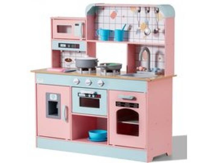 VEVOR Cuisine pour Enfants, Ensemble Cuisine pour Tout-petits en Bois avec Lumières, Sons, Machine à Glaçons, Four, Évier, Micro-ondes, Réfrigérateur, Ustensile, Accessoire, pour Enfants 3-8 ans, Rose