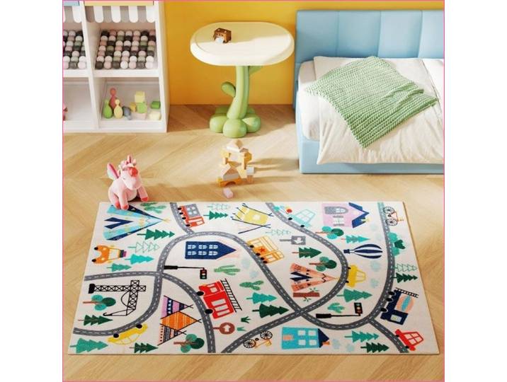 Tapis - Motif Autoroute Blanc Multicolore - Fleece Doux Anti-Dérapage Facile d'Entretien
