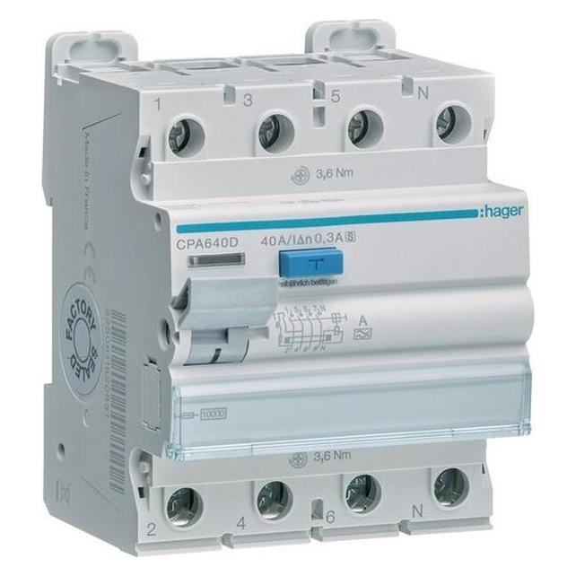Hager CPA640D Fehlerstromschutzschalter 4p 10kA 40A 300mA S (CPA640D)