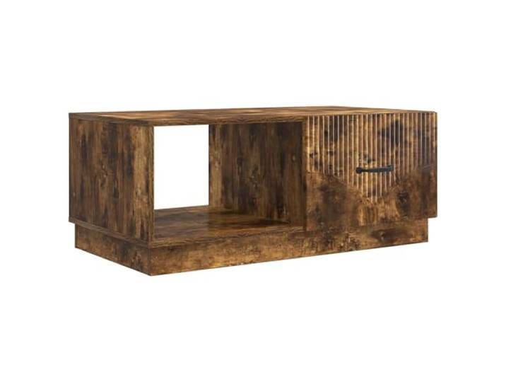 KUTYWEXFM Couchtisch Geräucherte Eiche 90x50x37 cm Holzwerkstoff Stilvoller Beistelltisch fürs Wohnzimmer mit 2 Fächern, innovativen 90-Grad-Pendeltüren und eleganten schwarzen Griffen.