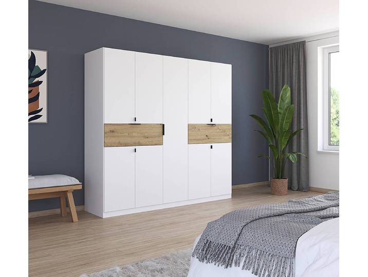 Armoire Ticao 226cm Blanc/Blanc alpin/Imitation chêne Artisan