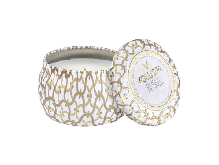 Voluspa Bougie parfumée Maison Blanc Mini Tin 25 heures Suede Blanc