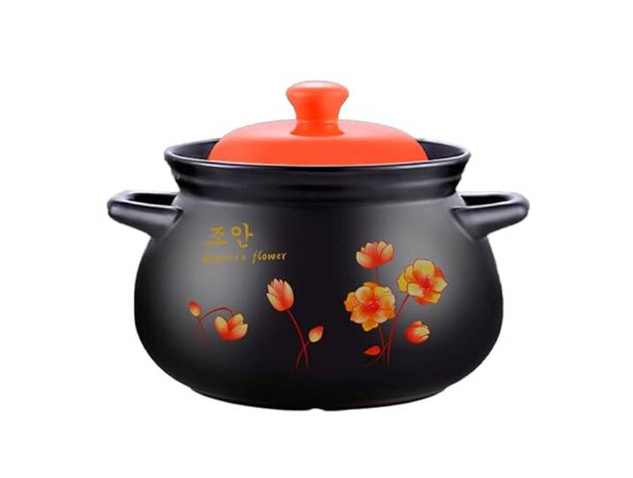 MNBVH Tiefe Auflaufform Aus Keramik, Tontopf Mit Blumenmuster, Tontopf, Suppentopf Mit Deckel, Hitzebeständig, Gesundes Kochgeschirr Für Langsames Kochen, Schwarz(Size:10L)