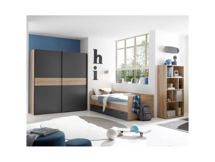 Lomadox Jugendzimmer Set 3-teilig in Eiche mit Graphit, Schiebetürenschrank & Kojenbett, Schlafzimmer Kinderzimmer modern minimalistisch
