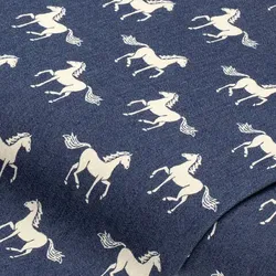 Leichter Jeansstoff (Hemdenjeans) "Pferde", blau/weiß