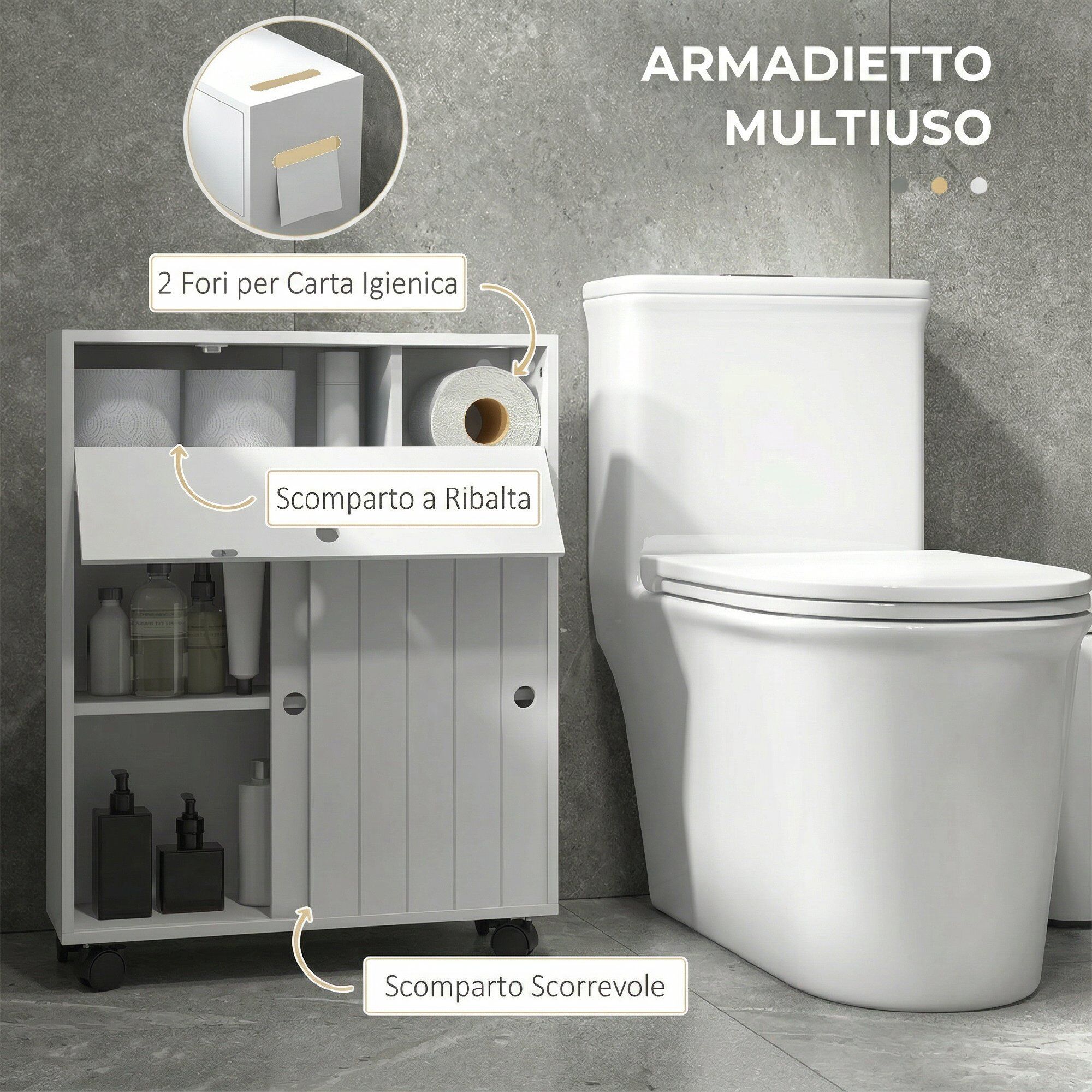 Altro Mobile Bagno Stretto Con Ruote, Ante Scorrevoli, Ripiani Regolabili E 2 Fori Per Carta Igienica, Bianco
