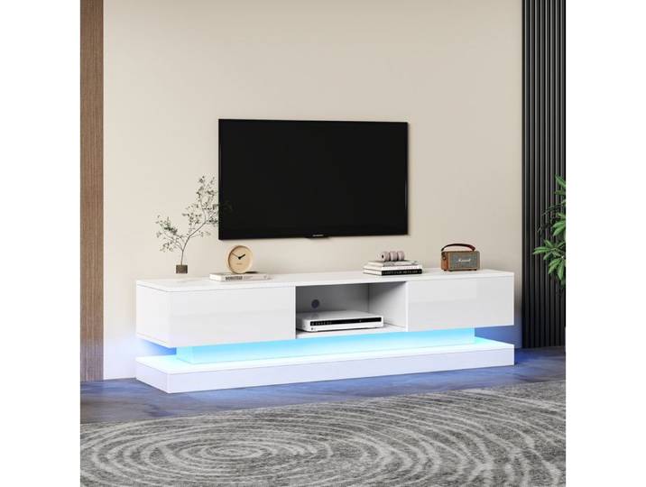 Meuble TV 160 cm AESVAR blanc brillant avec LED multicolore 2 tiroirs contrôle par application