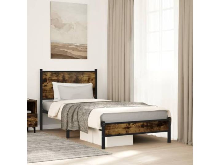 Stabiles Stahlgestell mit Lattenrost Klassisches Design 80x200 cm Braun Metallbett ohne Matratze Räuchereiche 80x200 cm stabiles Bettgestell mit Kopfteil und Stauraum für Gästezimmer Schlafzimmer