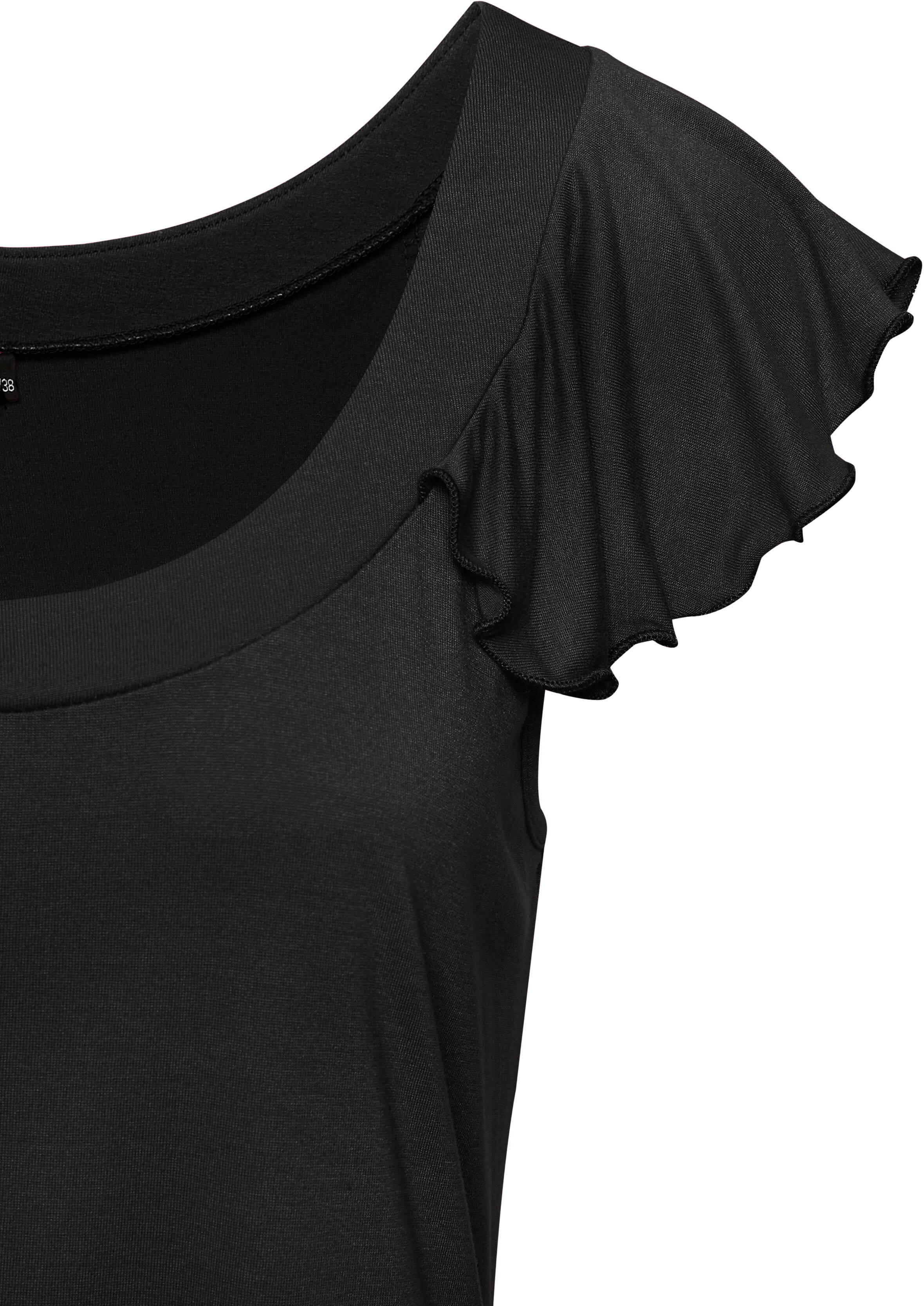 Rundhalsshirt VIVANCE, Damen, Gr. 36/38, schwarz, Jersey, Obermaterial: 100% Viskose, unifarben, figurumspielend hüftlang, Rundhals, Shirts Rundhalsshirt, mit verspielten Volants aus weichem Jersey, sommerlich schwarz 36/38