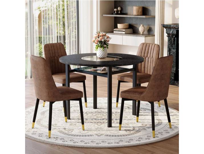 ROVRYN Ensemble table a manger ronde 100 cm avec 4 chaises marron insert central en verre MDF noir