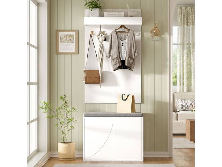 Garderobe entrée 60x35x145 cm avec banc à chaussures meuble chaussures 2 portes 4 crochets rangement blanc