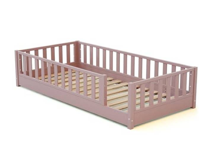 JURABABY - SONHO Kinder bodenbett aus Holz - 90x190 - Puderrosa Mit Abnehmbarer Barriere Links oder rechts Kinderbett mit Lattenrost