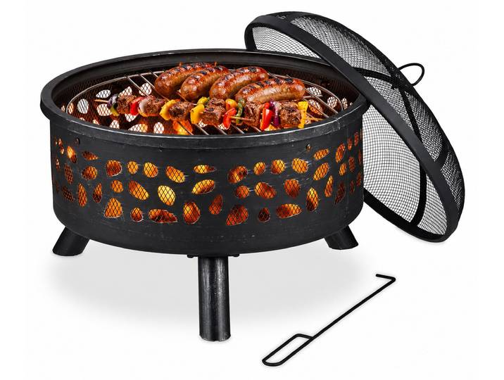 Relaxdays Feuerschale mit Grillrost & Funkenschutz, Schürhaken, Kohlerost, Ø 60 cm, Feuerstelle Garten, schwarz/silber