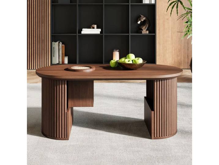 Table Basse - 105x50x46 5 cm - Forme Ovale et Grain Vertical - Rangements Intégrés et Étagères - Style Rétro - Noyer