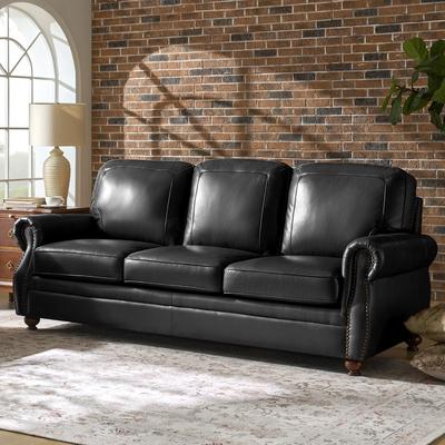 HULALA HOME Lina Genuine Leather Traditional Rolled Arms Sofa with Nailhead Trims, Black