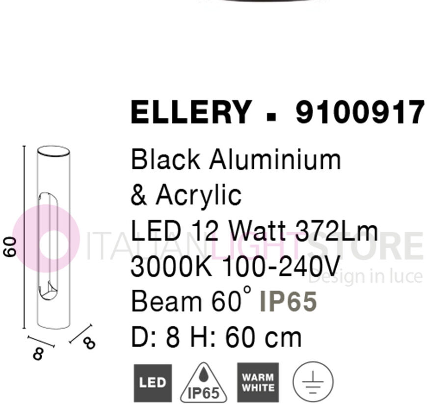 Ellery Lampione H. 60 Nero Design Moderno A Led Per Illuminazione Giardino Esterno Ip65