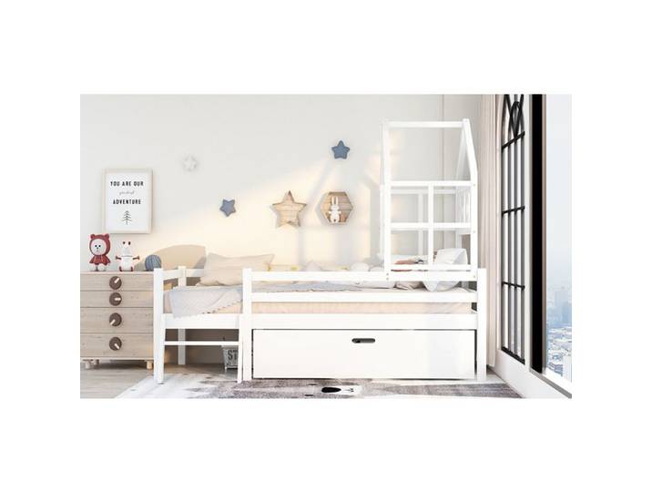 Hochbett massivholz 90x200cm Leiter Schubladen Rausfallschutz Weiß sans matelas