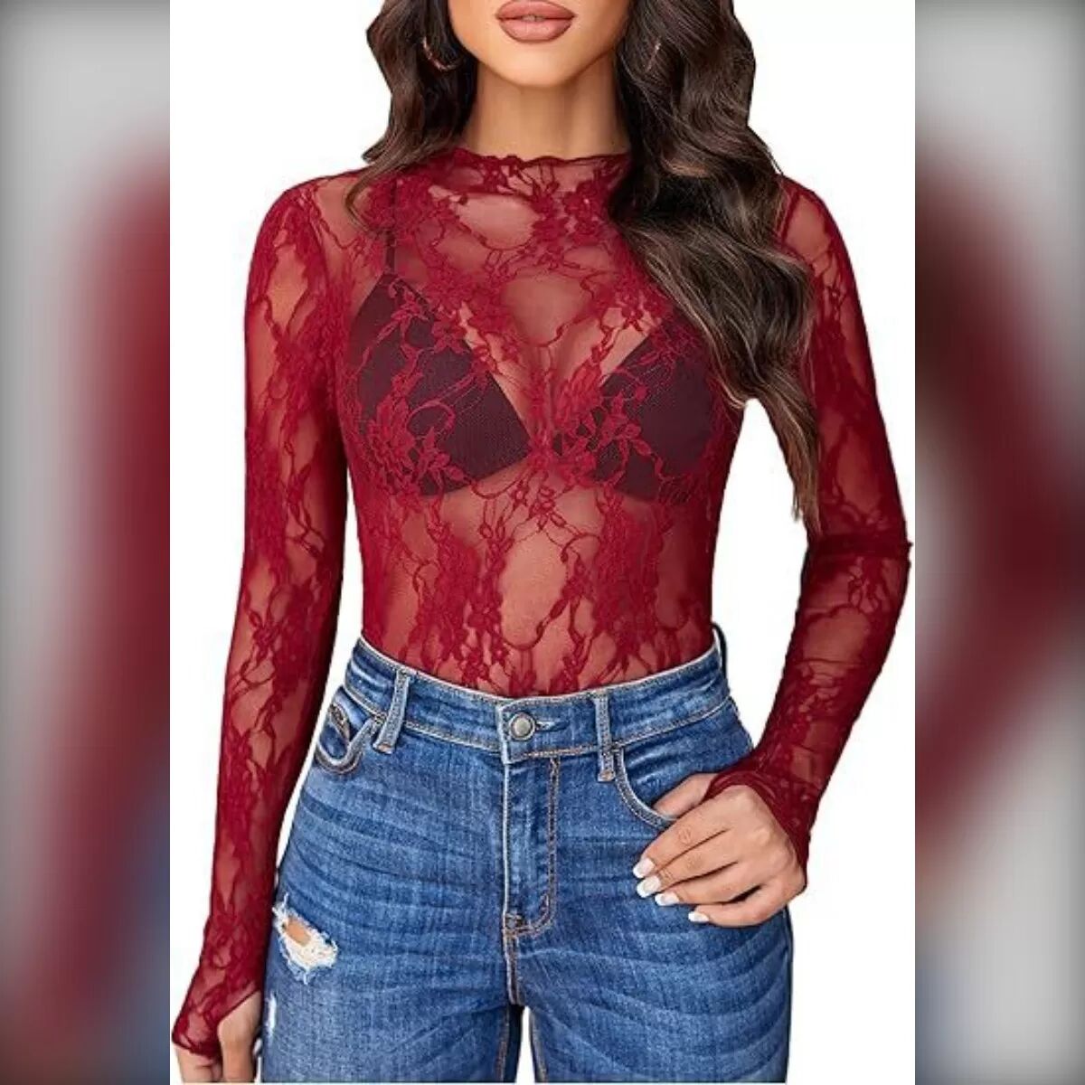 INF Durchsichtige Bluse mit Blumenmuster - Weinrot, Langärmeliges transparentes Oberteil S