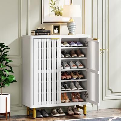 OEM Wooden Shoe Cabinet with Shutter Doors, Adjustable Shelves Large Hidden Storage Organizer Rack for Entryway Hallway