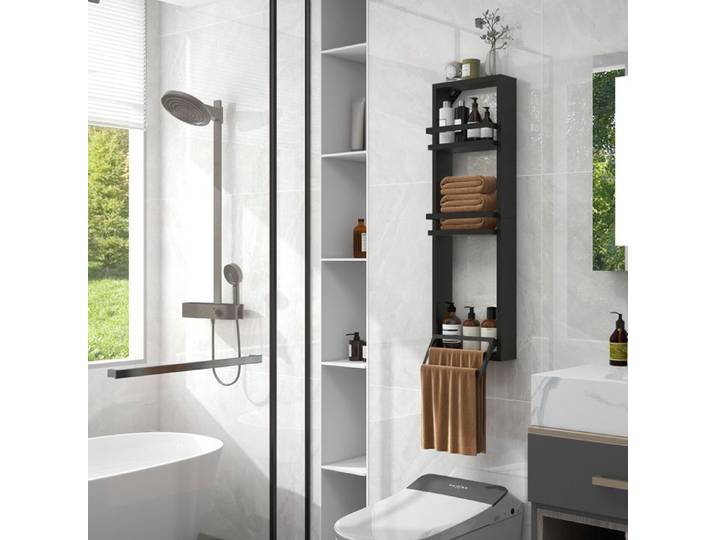 PULUOMIS Meuble Mural Salle de Bain Étagère de Salle de Bain à 3 Niveaux Étagère de Rangement en Métal Noir
