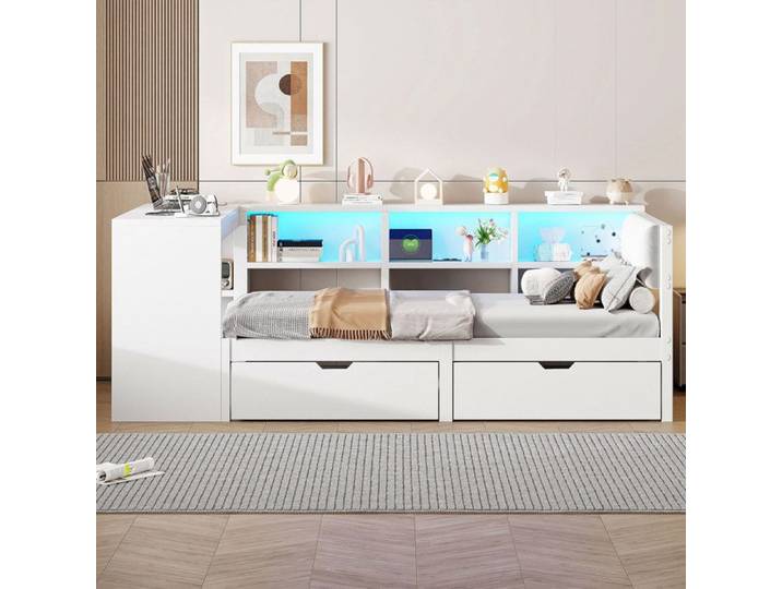 Lit plateforme - KOMHTOM - 90x200 - Tête rembourrée - 2 tiroirs & rangements - LED multicolores