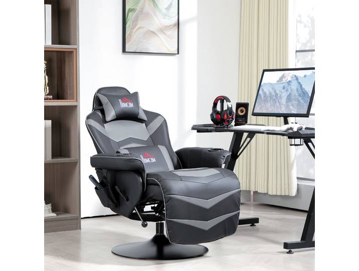 HOMCOM Fauteuil Gaming, Fonction Massage, dossier inclinable, repose-pieds, jusqu'à 120 kg, cadre en acier, simili cuir, Gris