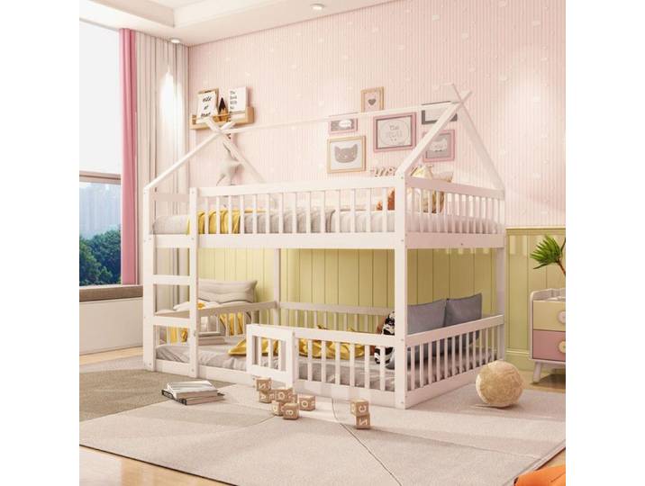 Lit superposé pour enfants 140x200-lit familial pour enfants lit superposé avec escalier design loft cadre de lit bois massif blanc
