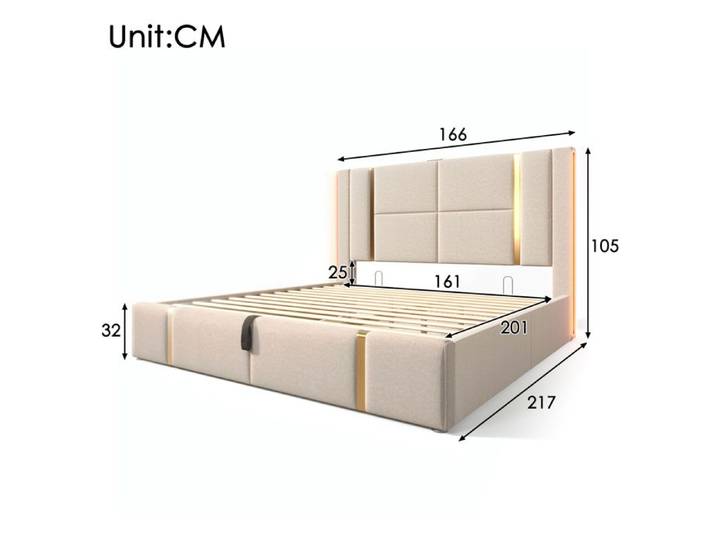 BEL Lit double capitonné USB-C app LED 160x200 coffre lattes bois lin beige (sans matelas)