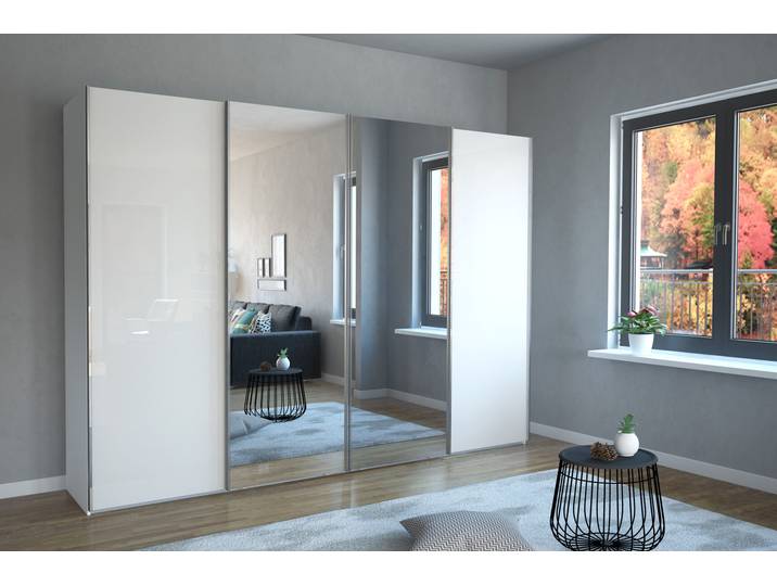 Schwebetürenschrank, Floatglas, Weiß, 296,3×217×67 cm, 4 Türen, Hochwertige Glasfront, Wiemann