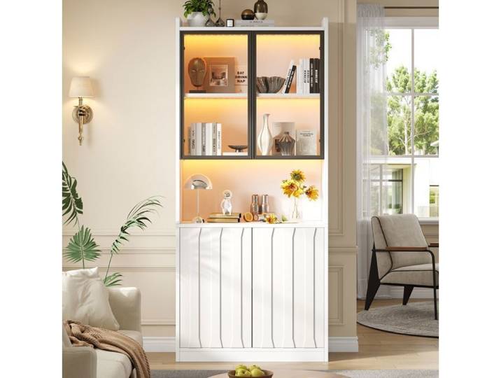 MEULVA Buffet haut blanche 80x35x200 cm 4 portes verre trempé LED Bluetooth étagères réglables