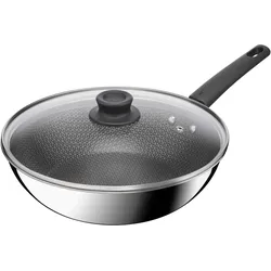 Tefal 28 cm Wok pan with lid, stainless steel and non-stick coating, Pfanne + Kochtopf, Silber