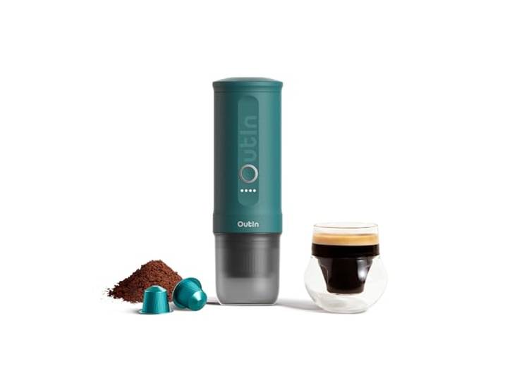 OutIn Nano Machine à espresso électrique portable USB-C\, OutIn Teal Autochauffage USB-C\, pour café moulu et capsules NS\, compacte pour voyage\, camping et bureau