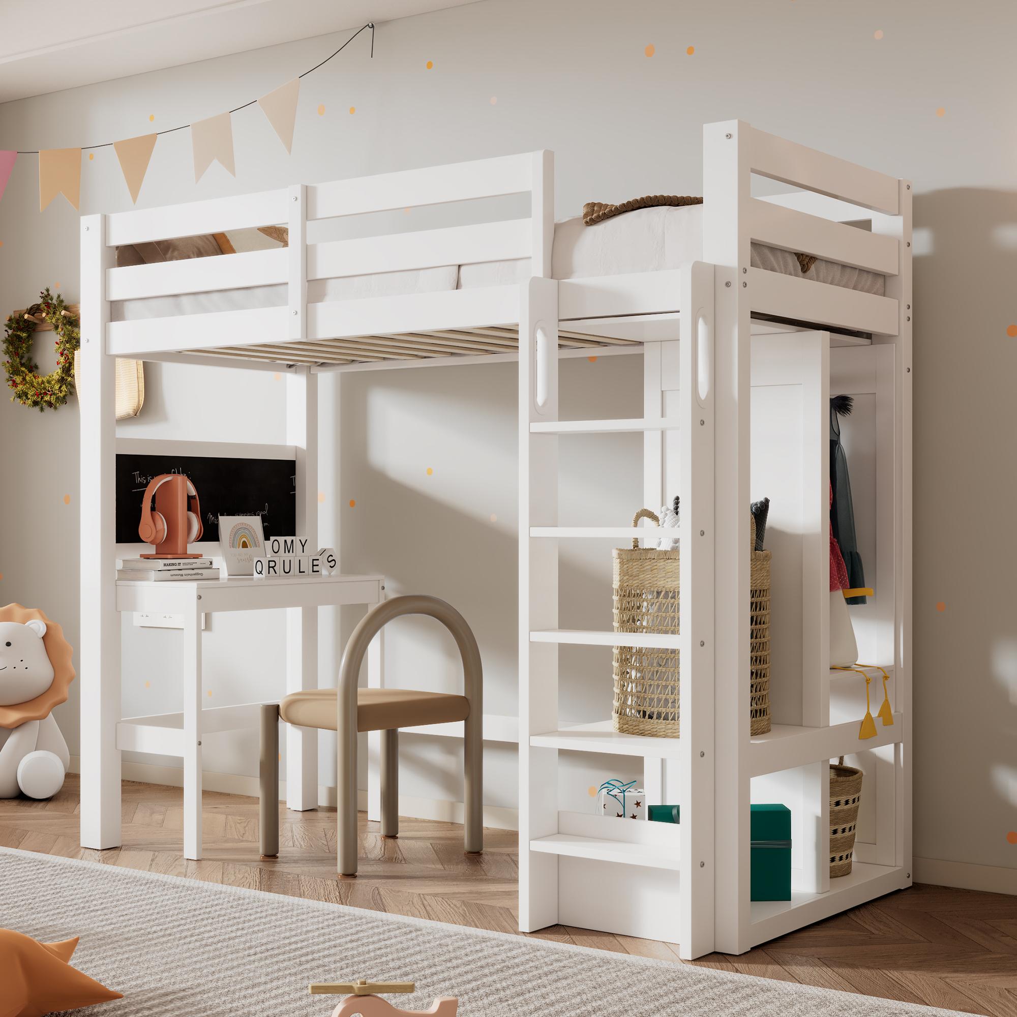 Hochbett mit Schreibtisch Offener Kleiderschrank und Regalen Kinderbett mit Lattenrost und Rausfallschutz Liegefläche 90x200cm, (ohne Matratze)