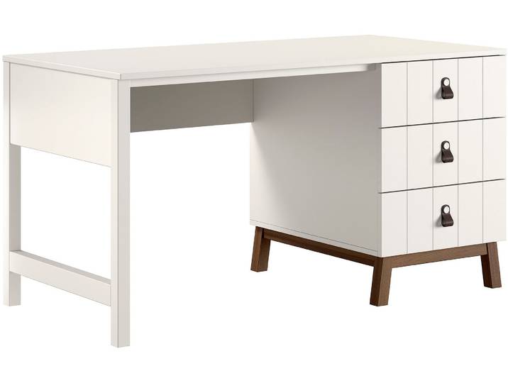 Schreibtisch VIPACK Sezane mit grosser Arbeitsplatte und 3 geräumigen Schubladen , weiss (clay, kiefer nussbaum, nussbaumfarbig, clay (warmers grau)), B:140cm H:75,4cm T:70cm, Tische, Schreibtisch, MDF Clay (warmes Grau) farben lackiert, Sockel nussbaumfarbig