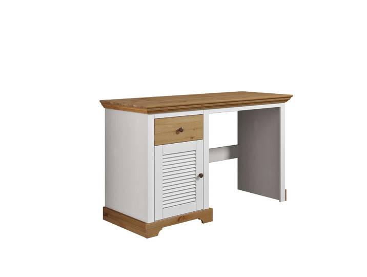 Schreibtisch GOODPRODUCT Ayanna, Tisch, Computertisch, im Landahusstil , weiss (weiß, honig, weiß, honig), B:130cm H:76cm T:50cm, Tische, Schreibtisch, Massivholz, mit Schublade und Tür, Lamellenfront, Breite 130 cm