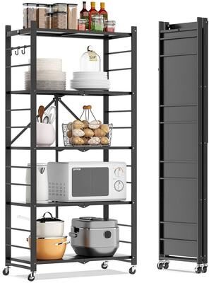 SUGIFT 5-Tier Foldable Wire Storage Shelf on Wheels, Heavy-Duty Metal Organizer Rack 27.6-in W x 63-in H for Garage and Closet, Black