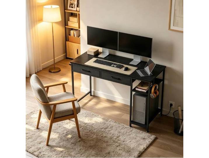 Bureau Ordinateur Noir 2 Tiroirs Table De Travail Moderne FloraGrace Pour Chambre Ou Bureau Avec Station De Charge 120x51x75cm