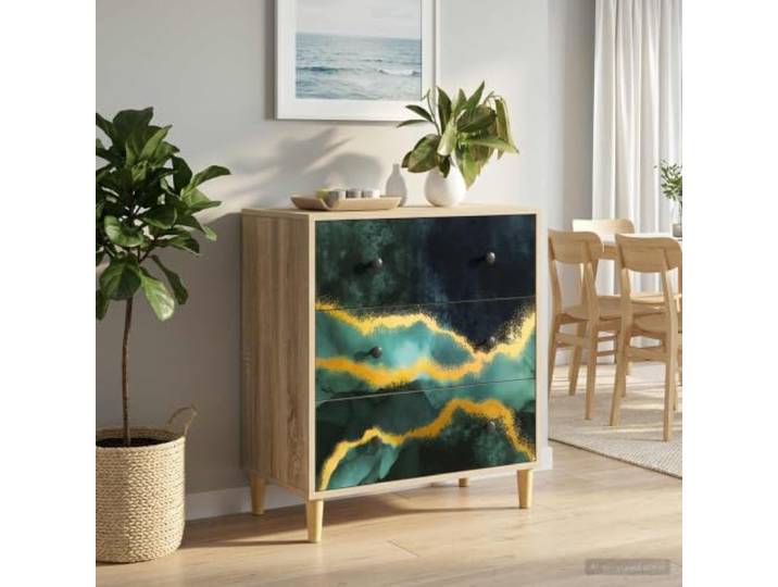 Kommode WIJHE 66 x 36,5 x 75 cm, Holzwerkstoff Türkis marmorierte Optik 3 Schubladen, pulverbeschichtete Stahlgriffe, für Schlafzimmer und Flur, 30 kg Traglast, Türkis marmorierte Optik
