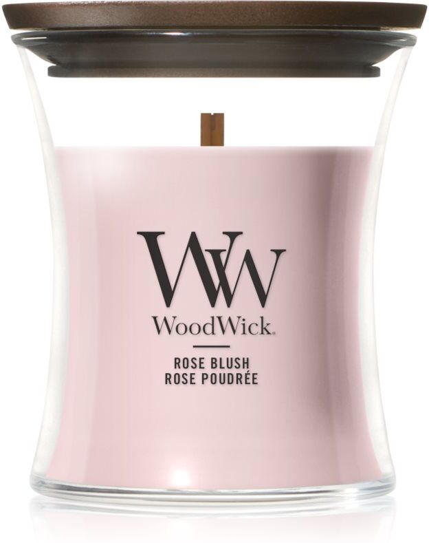 Woodwick Rose Blush scented candle with wooden wick 85 g