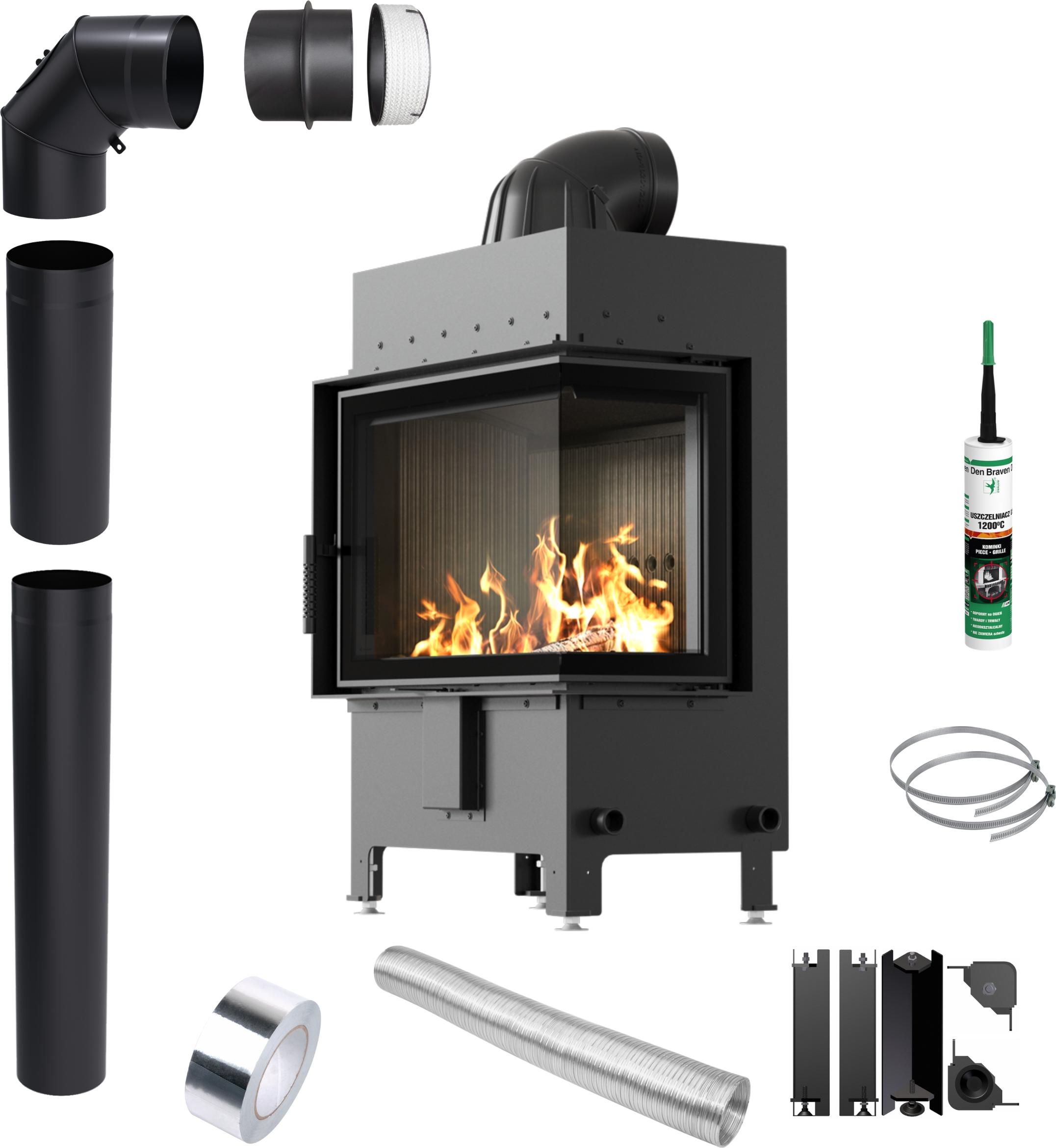 KRATKI LUCY Rechts Kamineinsatz 12 kW fi200 Schwarz Eckrohrset