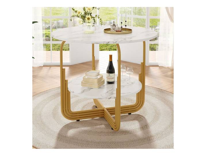 IDEASY Esstisch Runder Esstisch Küchentisch Couchtisch mit Mittelablage, 80x80x76 cm (1 Tisch), MDF-Marmor-Tischplatte, geeignet für 4 Personen