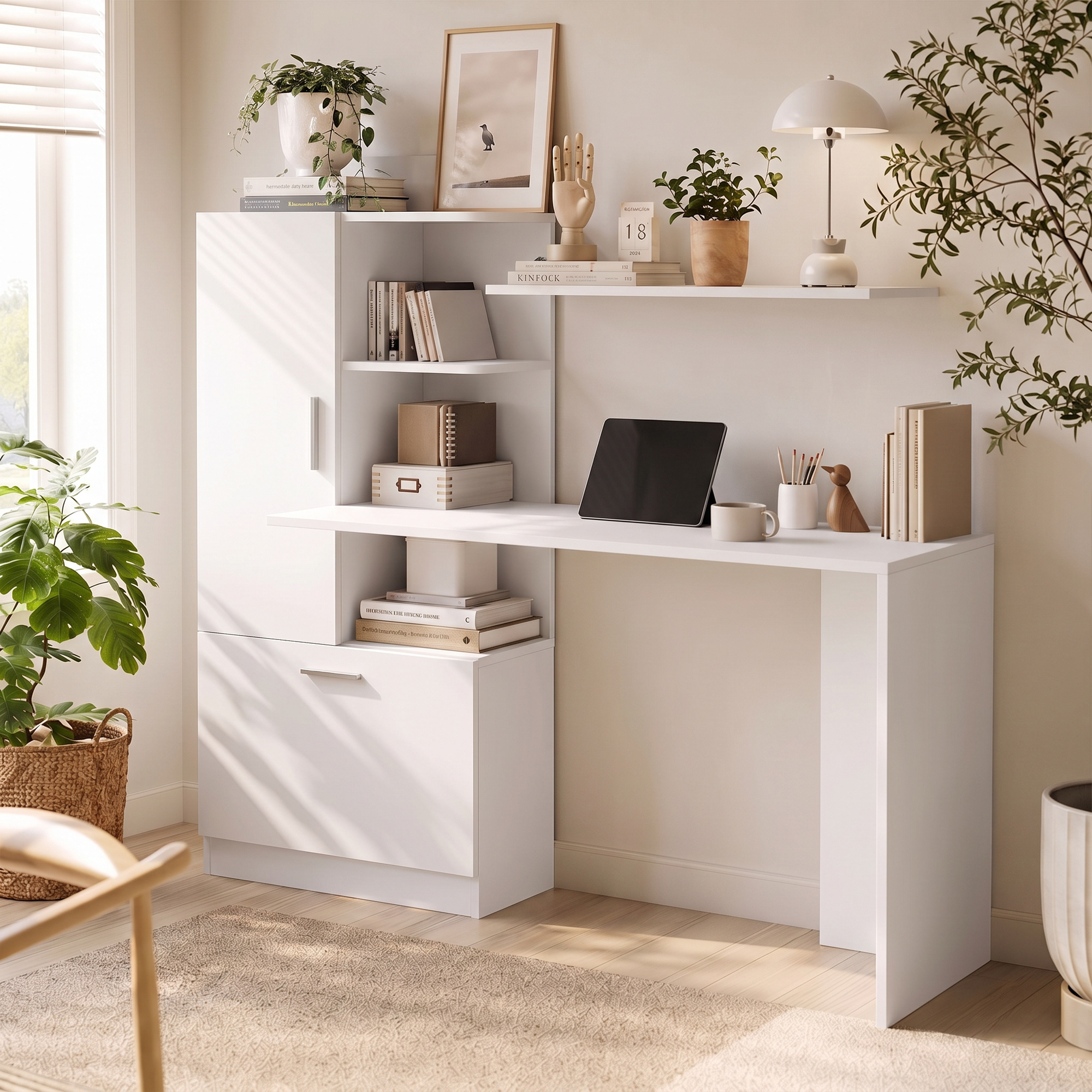 Homcom Scrivania per Computer con Libreria e Armadietto, 150 cm, Bianco   Aosom Italy