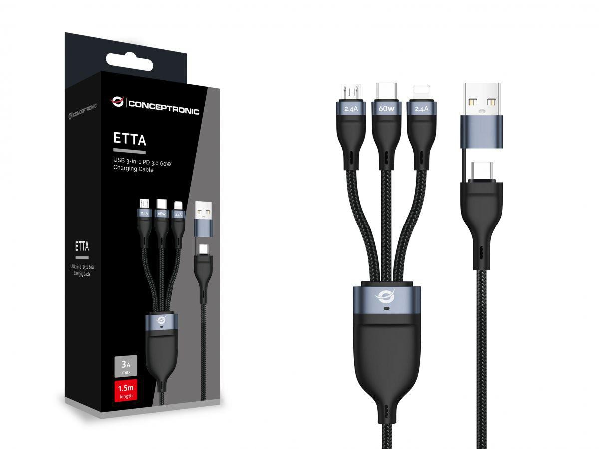 Conceptronic ETTA05B15 USB 3-in-1 PD3.0 60W Ladekabel 1.5m