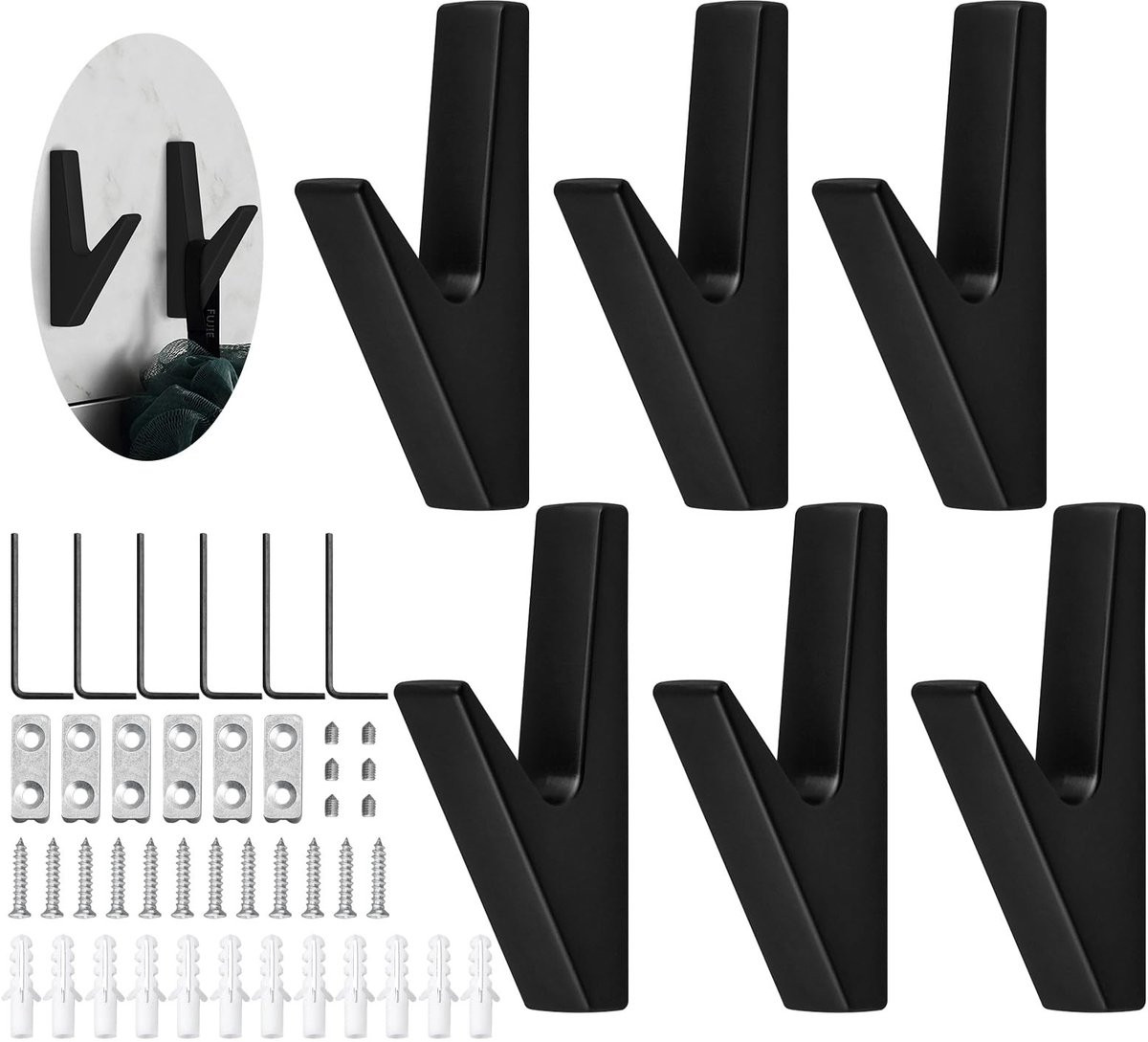 Omgoods - Set van 6 matte zwarte wandhaken voor kleding en accessoires