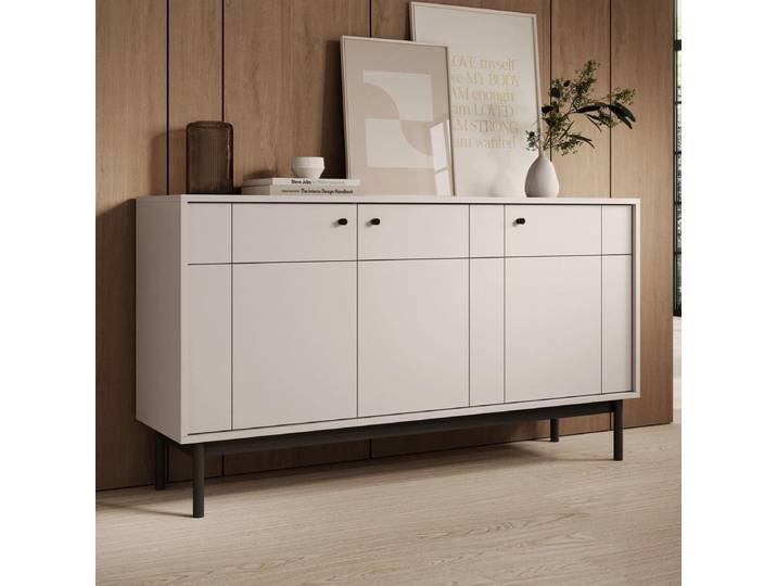 Kommode SORA K3D Gefräste Front Cashmere Matt auf Schwarzen Holzfüßen Schrank Sideboard
