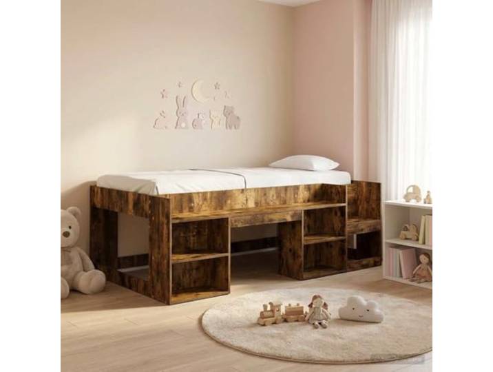 RJPLMFV Bettgestell für Kinder, Raucheiche, 75 x 190 cm, mit Einlegeböden Langlebiges Holz, feste Lamellen, integrierte Aufbewahrung, einfache Montage, modernes Design