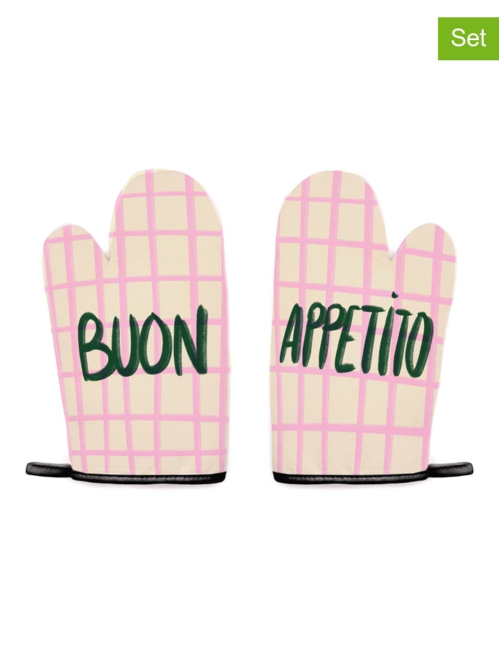 Really Nice Things 2er-Set: Ofenhandschuhe ''Buon Appetito'' in Creme/ Rosa - (L)28 x (B)16,5 cm - onesize