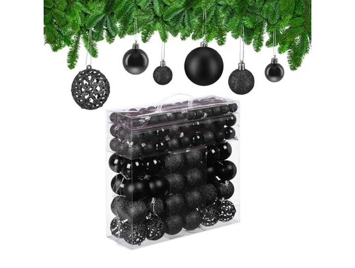 Relaxdays 150x Boules de Noël\, Paillettes\, Mates\, Brillantes\, déco Sapin\, Plastique\, diamètre 3\, 4 et 6 cm\, Noires