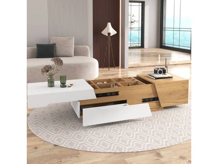 Table basse extensible 120x50x37 5 cm coulissante avec tiroirs et rangement intérieur MDF blanc et bois ORVRYN